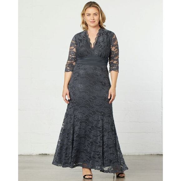 Kiyonna Maxi Dress Gown Gray Lace Screen Siren Style 2X Empire Waist Slimming - Picture 1 of 11